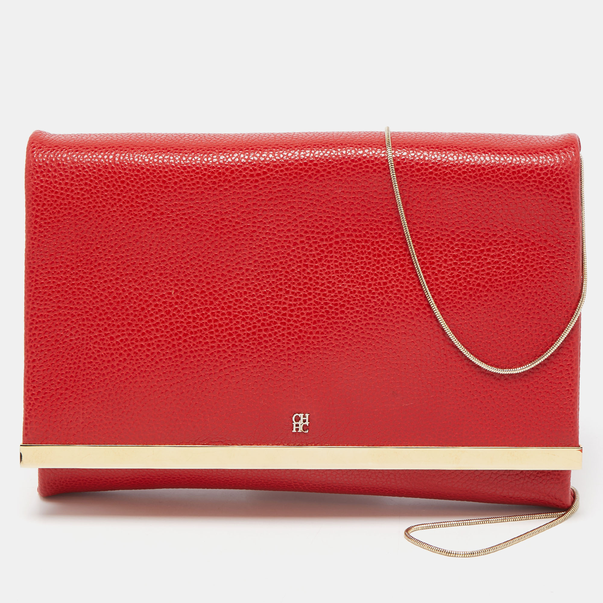Ch Carolina Herrera Red Leather Metal Flap Chain Clutch